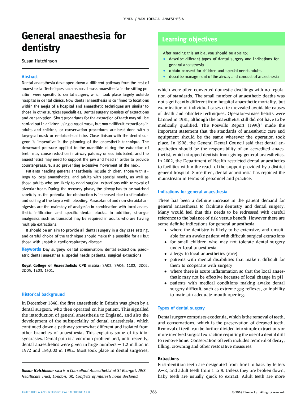 General anaesthesia for dentistry