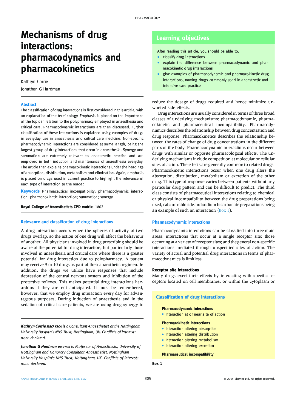 Mechanisms of drug interactions: pharmacodynamics and pharmacokinetics
