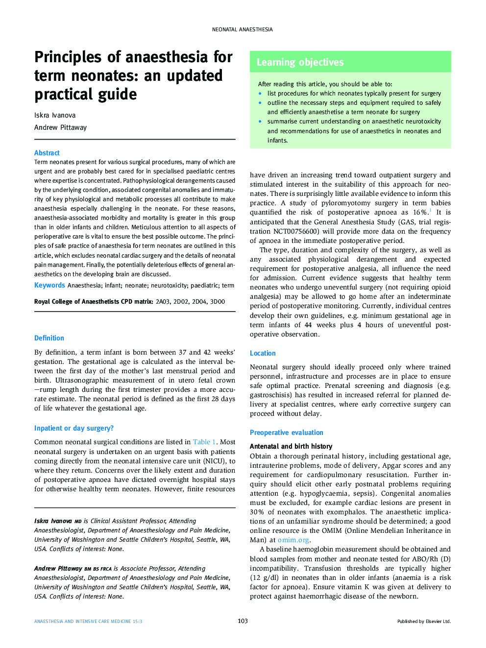 Principles of anaesthesia for term neonates: an updated practical guide