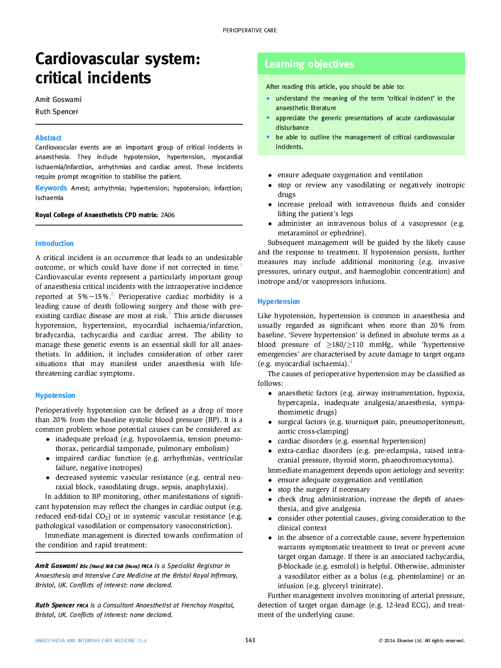 Cardiovascular system: critical incidents