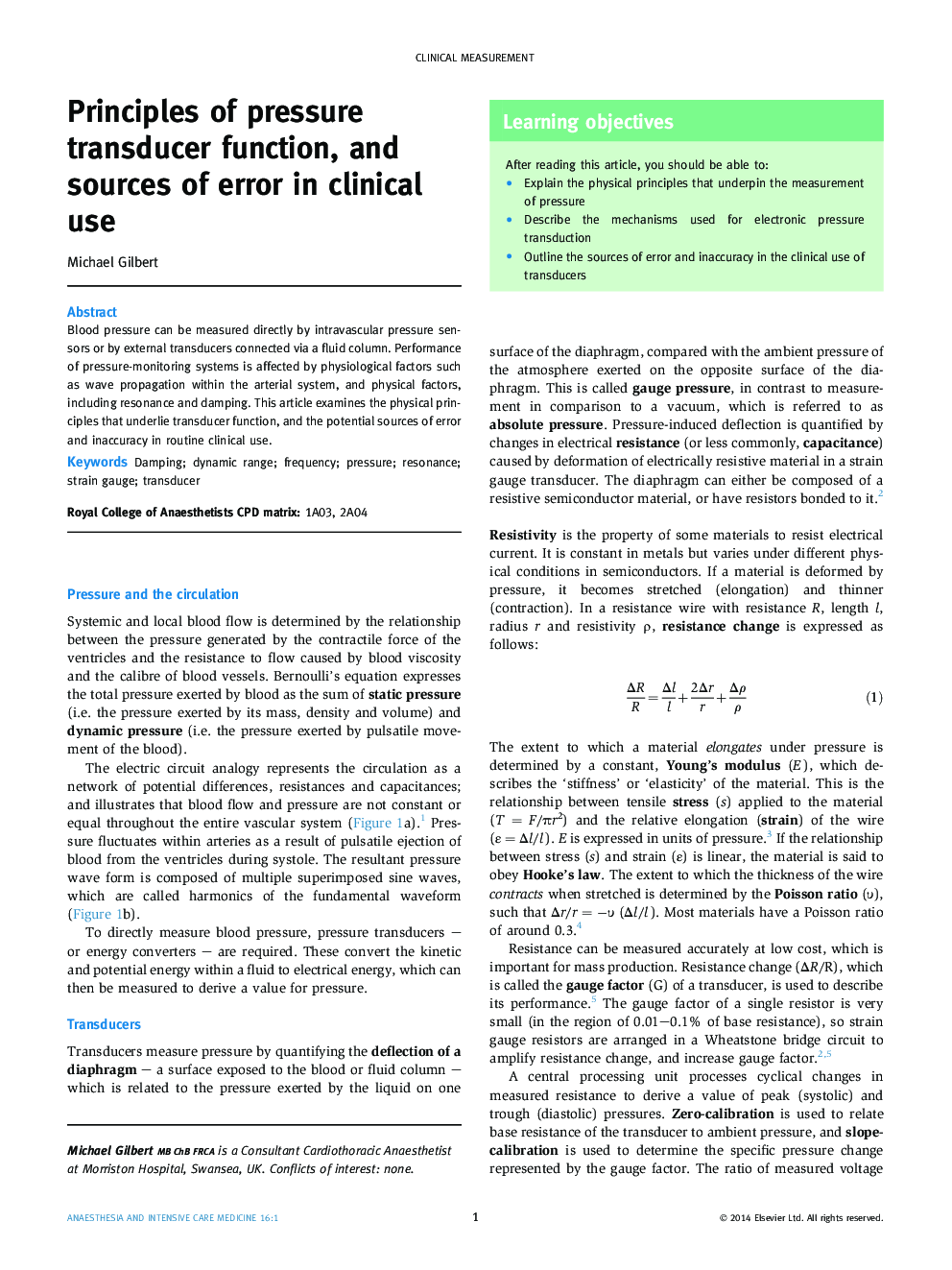 Principles of pressure transducer function, and sources of error in clinical use