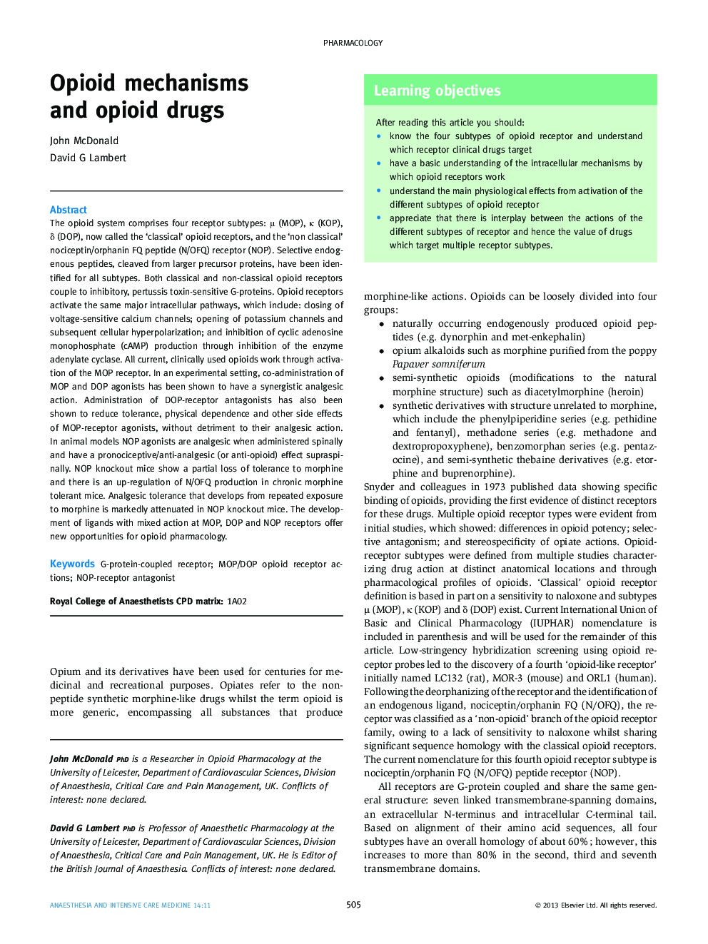 Opioid mechanisms and opioid drugs