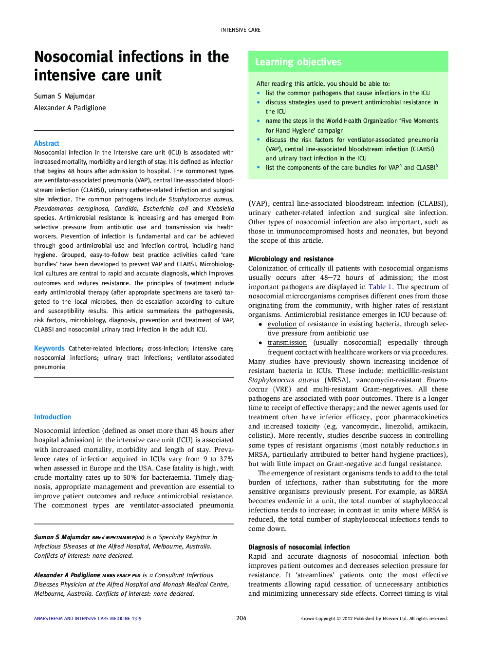 Nosocomial infections in the intensive care unit