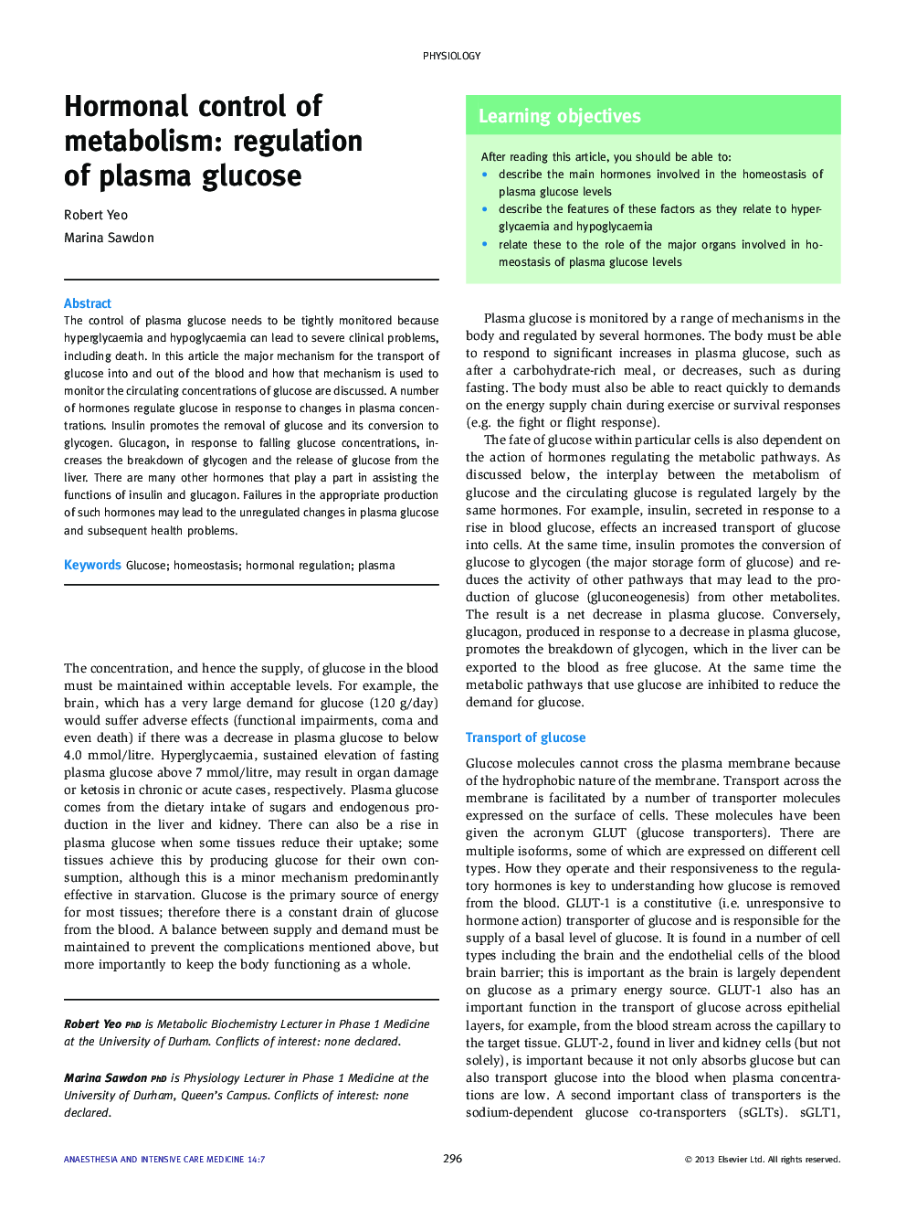 Hormonal control of metabolism: regulation of plasma glucose