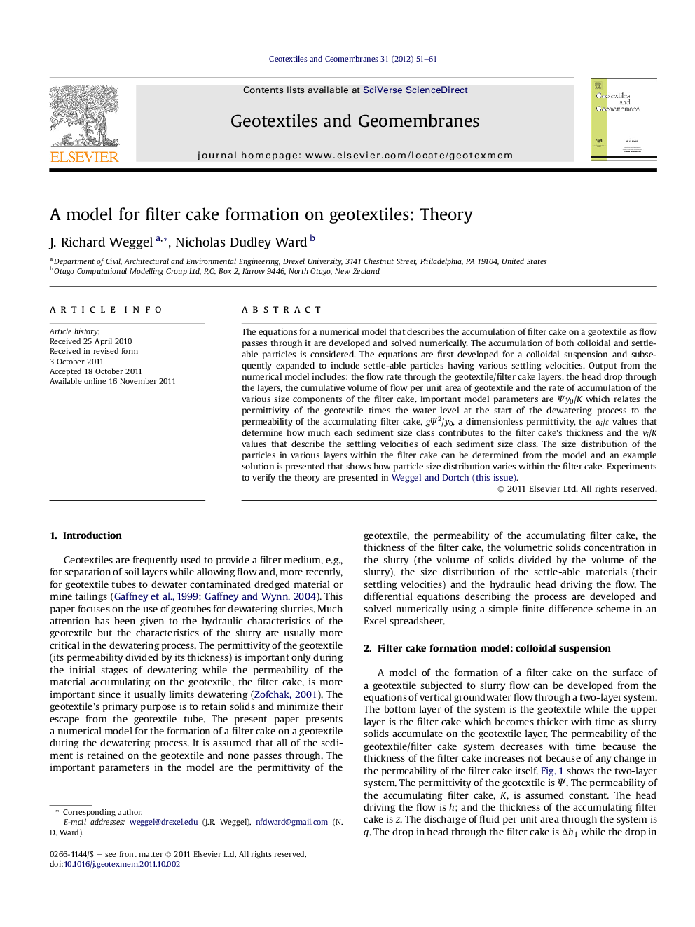 A model for filter cake formation on geotextiles: Theory