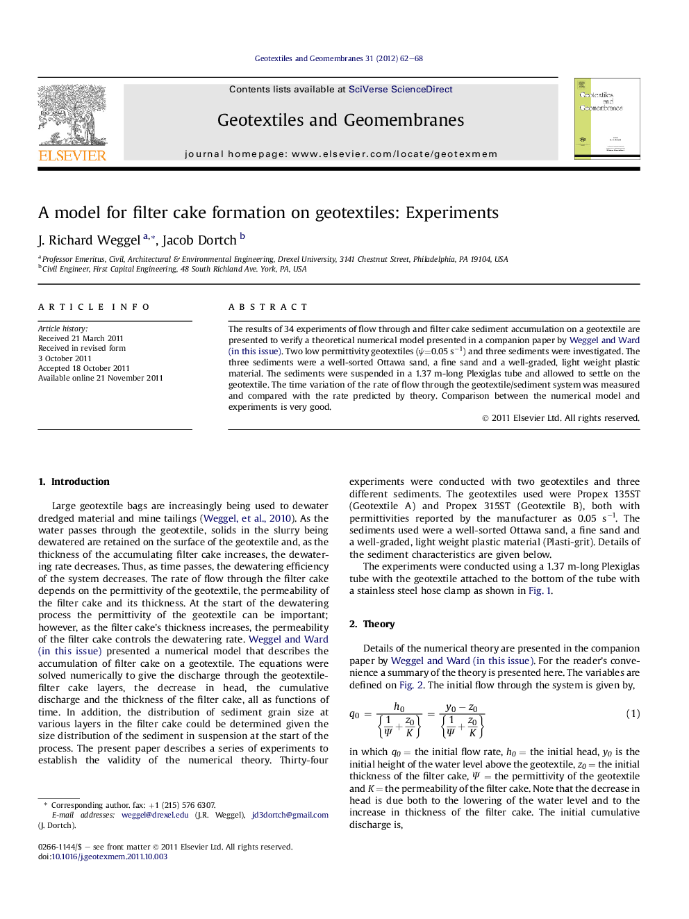 A model for filter cake formation on geotextiles: Experiments