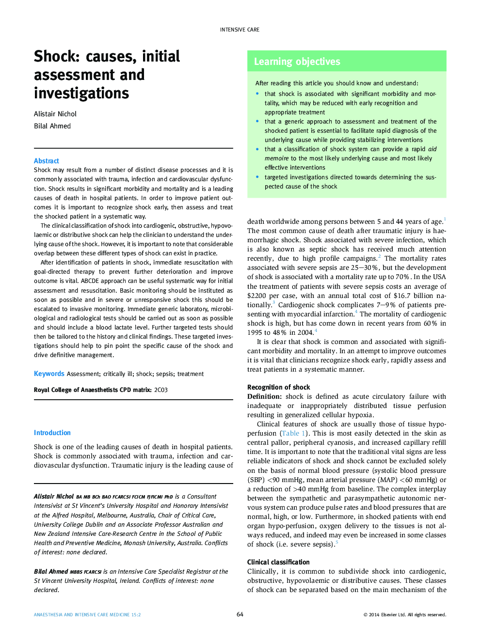 Shock: causes, initial assessment and investigations