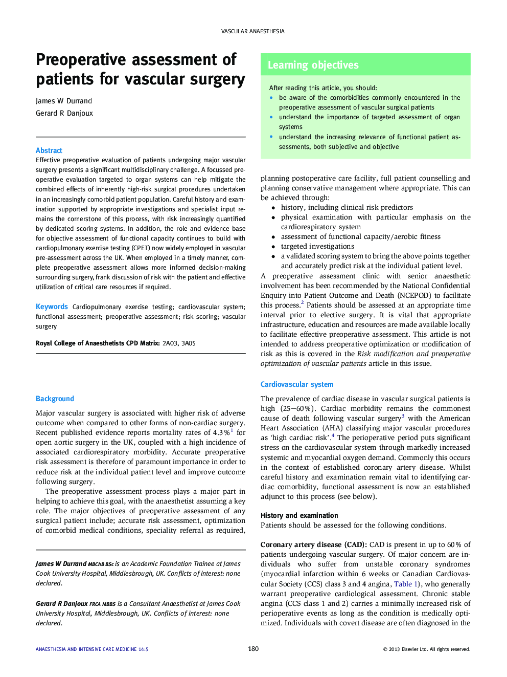 Preoperative assessment of patients for vascular surgery