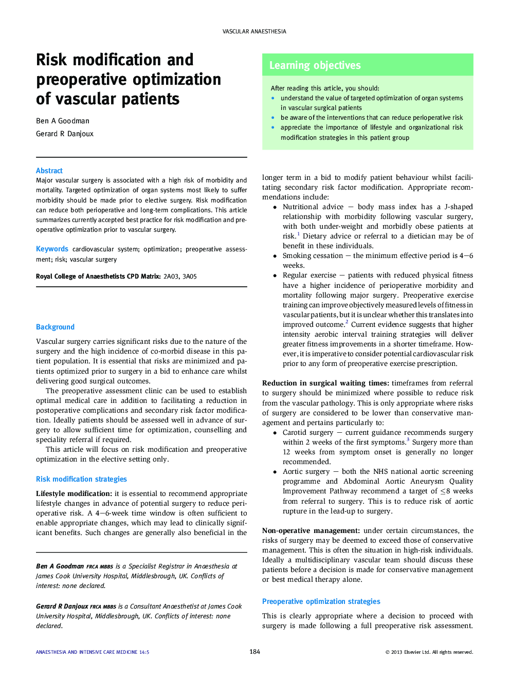 Risk modification and preoperative optimization of vascular patients