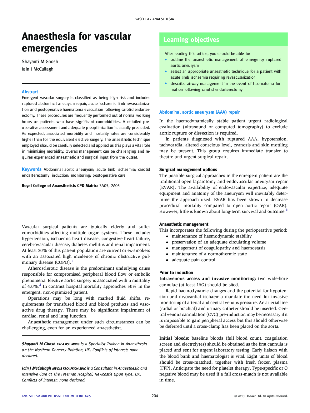 Anaesthesia for vascular emergencies