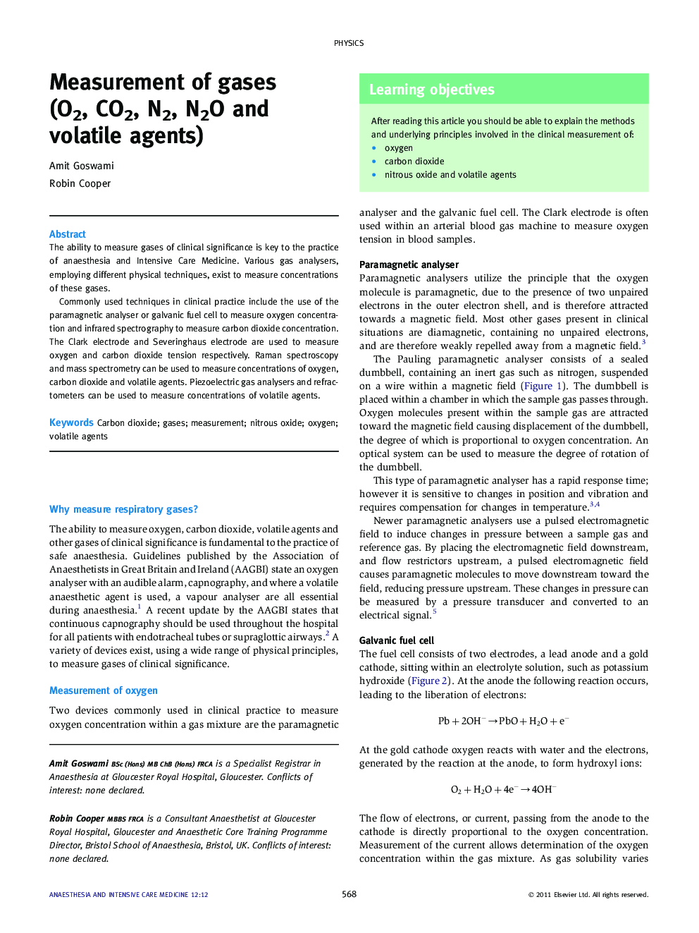 Measurement of gases (O2, CO2, N2, N2O and volatile agents)