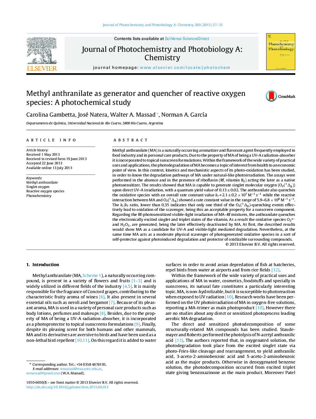 Methyl anthranilate as generator and quencher of reactive oxygen species: A photochemical study