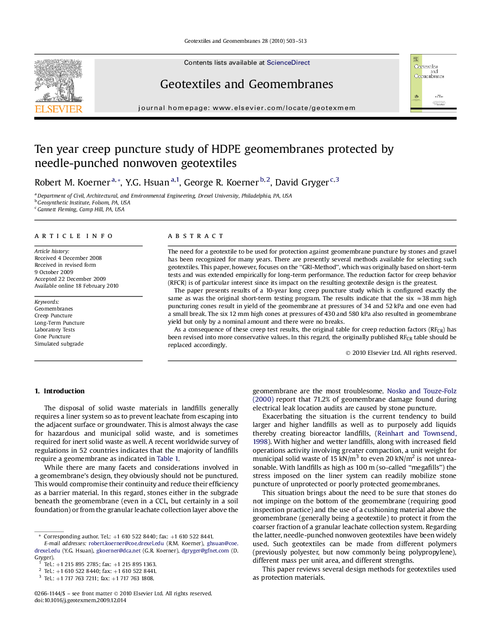 Ten year creep puncture study of HDPE geomembranes protected by needle-punched nonwoven geotextiles