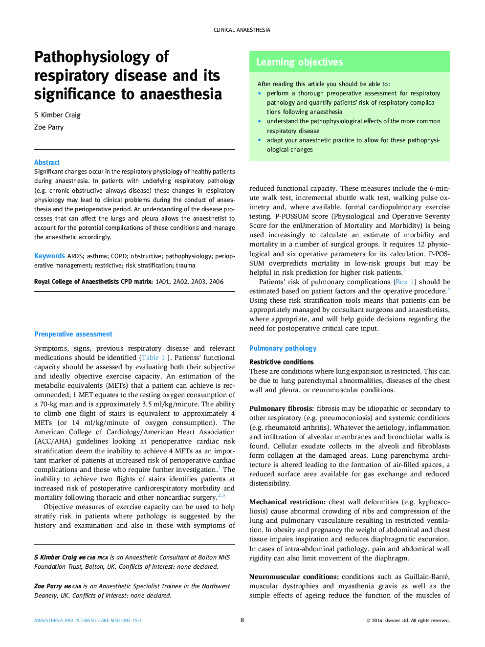 Pathophysiology of respiratory disease and its significance to anaesthesia