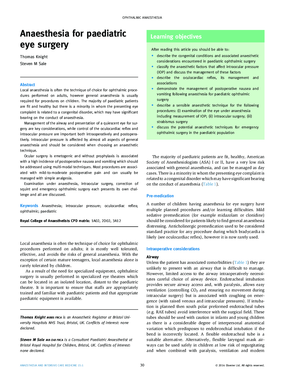 Anaesthesia for paediatric eye surgery