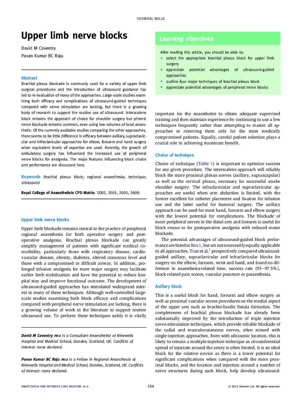 Upper limb nerve blocks