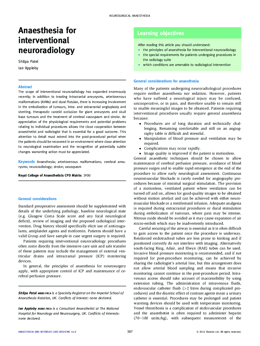 Anaesthesia for interventional neuroradiology