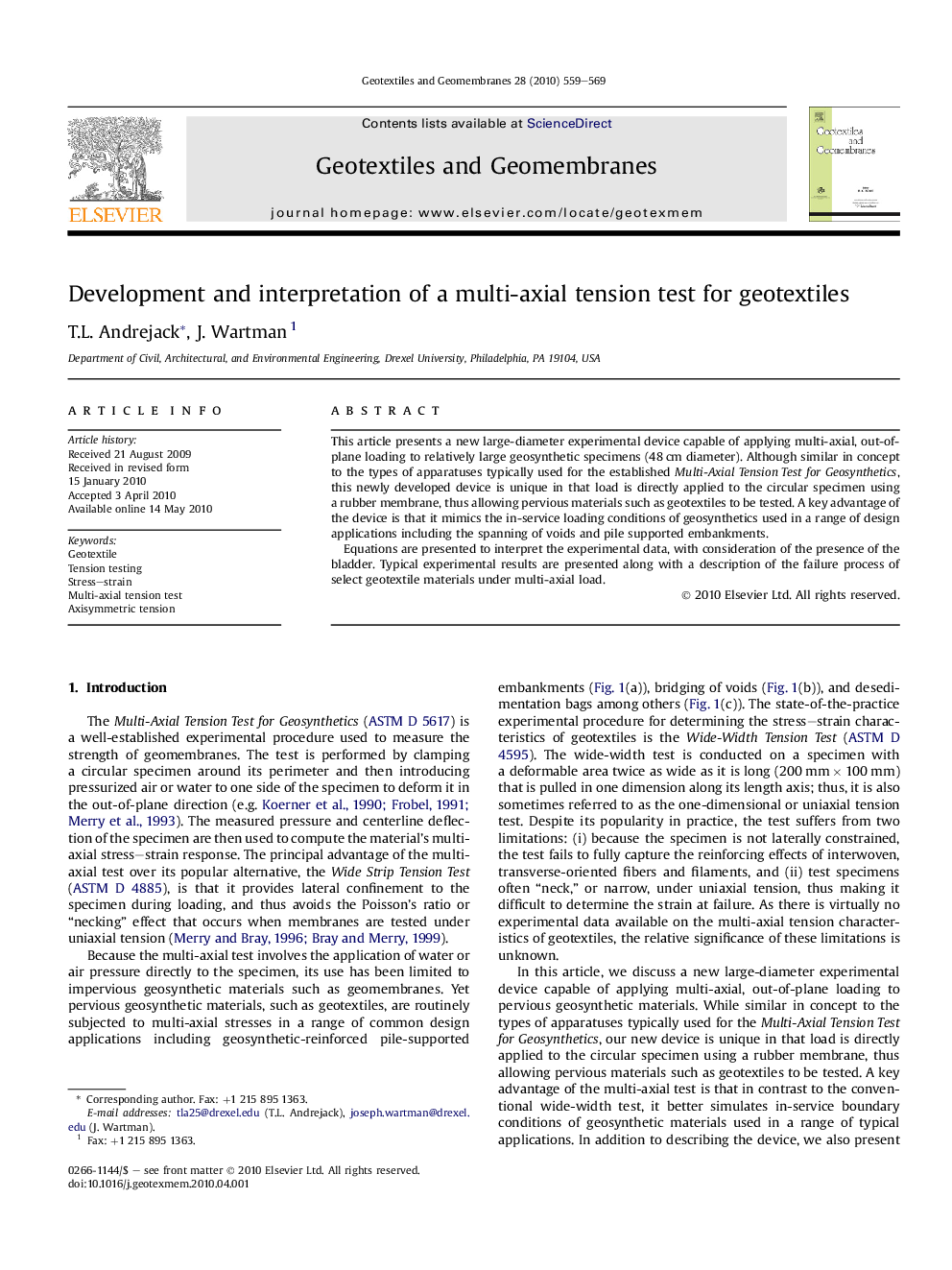 Development and interpretation of a multi-axial tension test for geotextiles