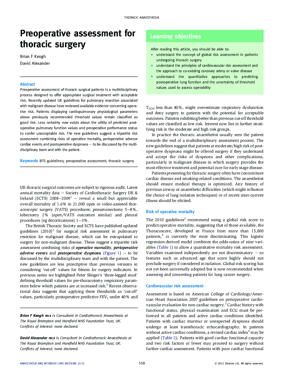 Preoperative assessment for thoracic surgery