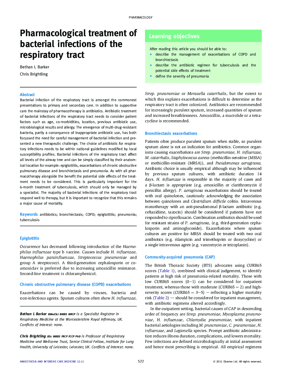 Pharmacological treatment of bacterial infections of the respiratory tract