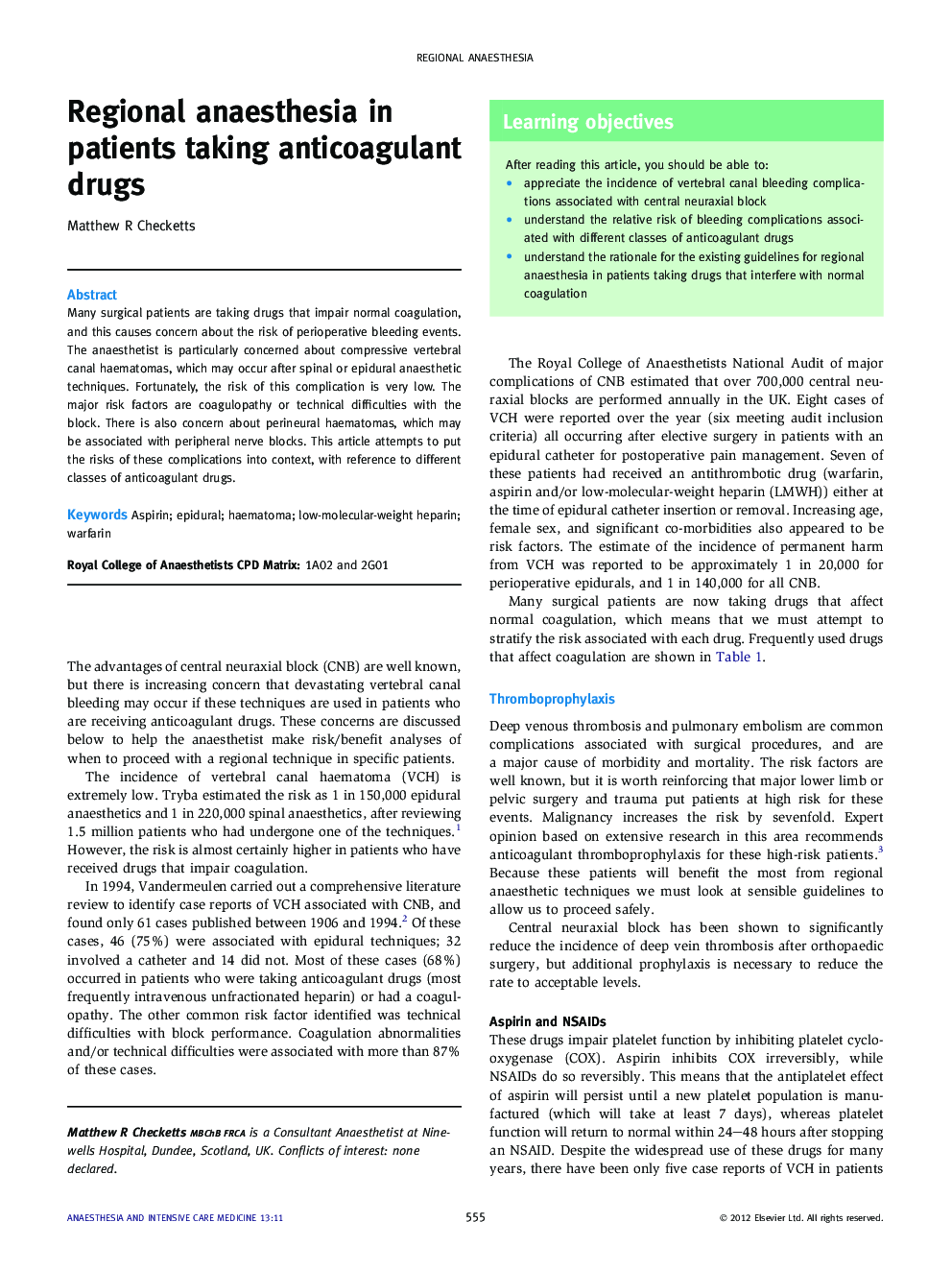 Regional anaesthesia in patients taking anticoagulant drugs