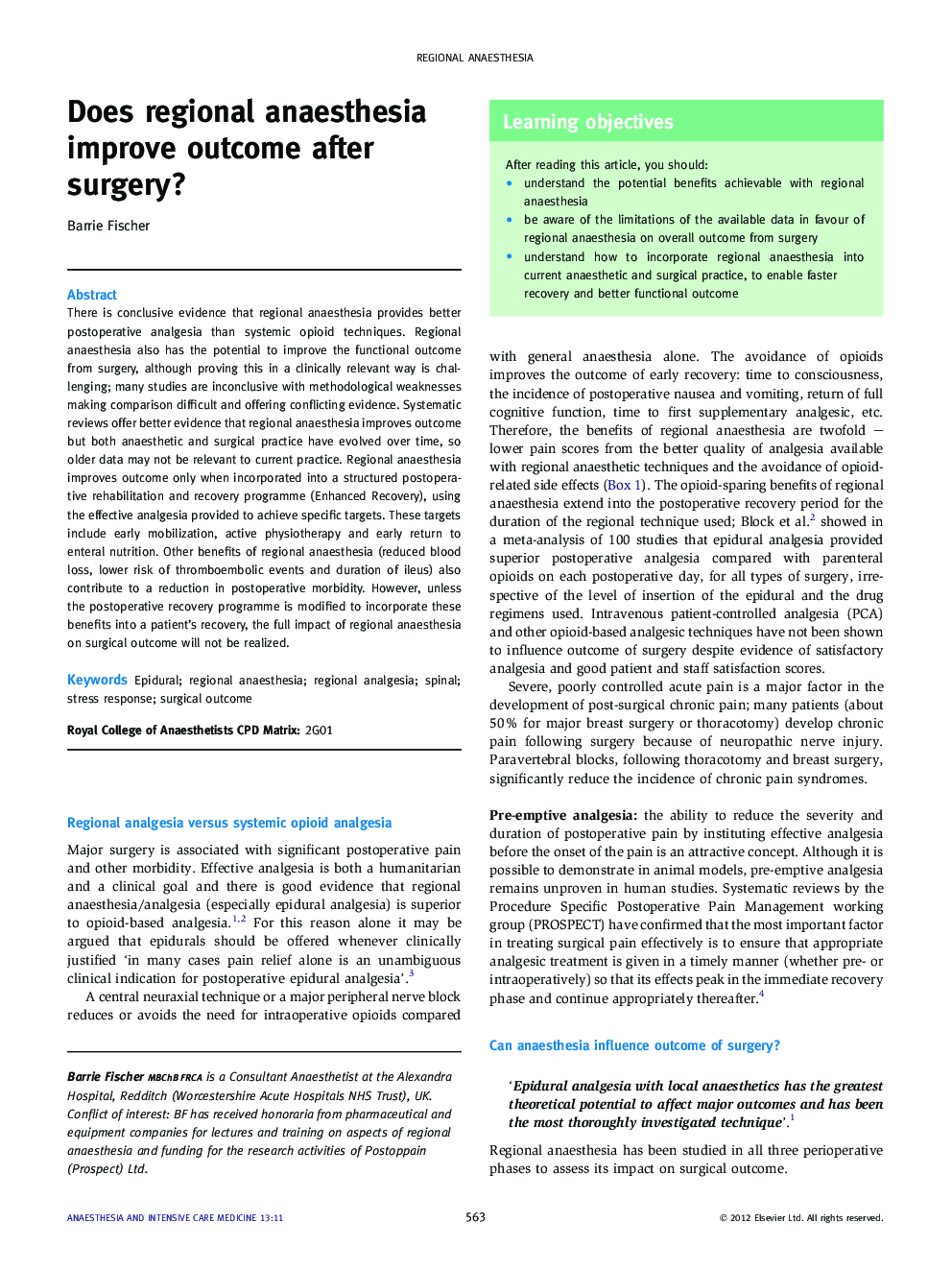 Does regional anaesthesia improve outcome after surgery?