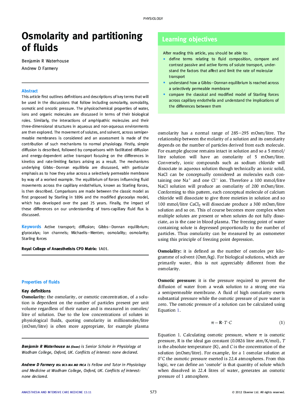 Osmolarity and partitioning of fluids