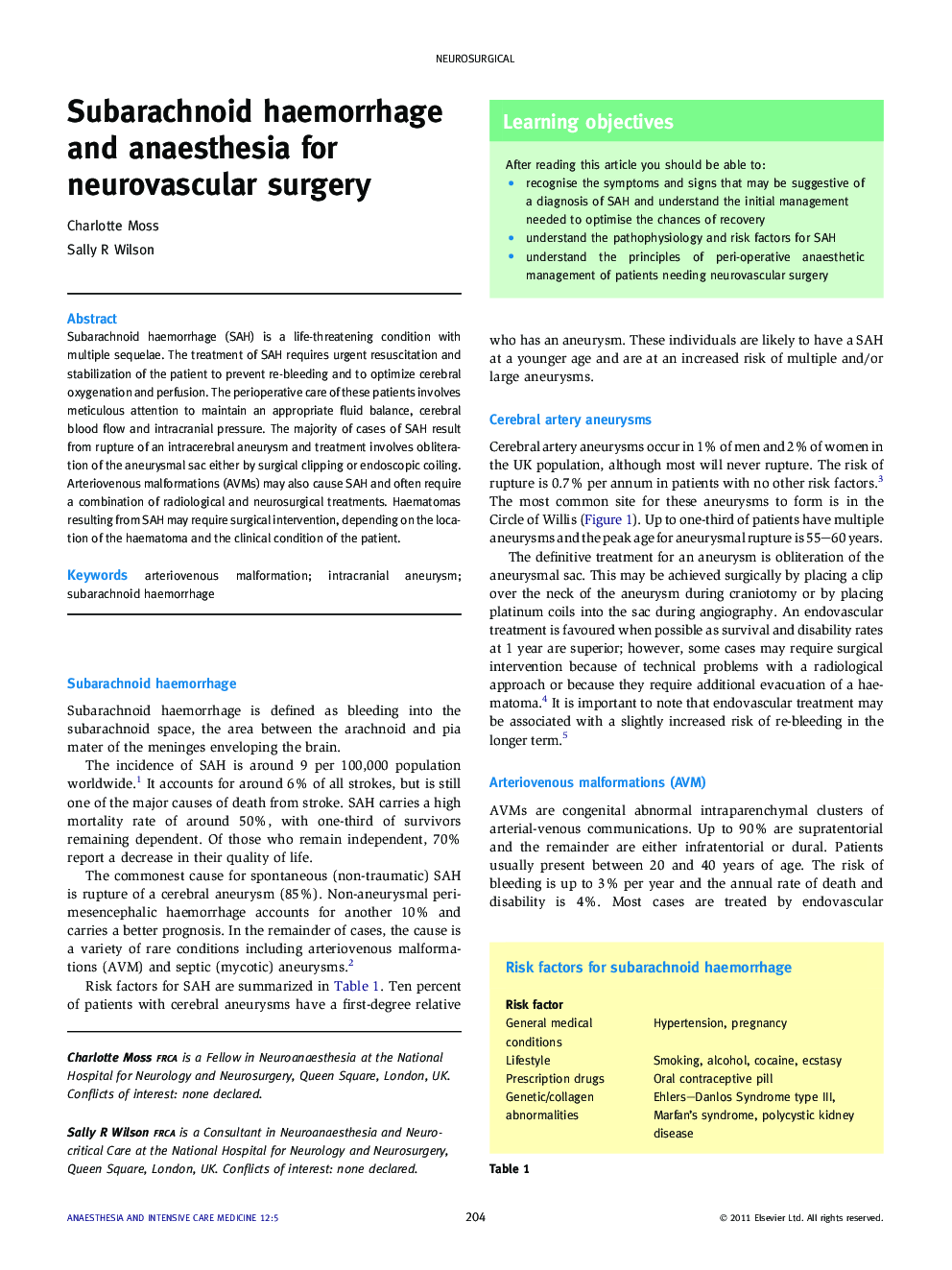 Subarachnoid haemorrhage and anaesthesia for neurovascular surgery