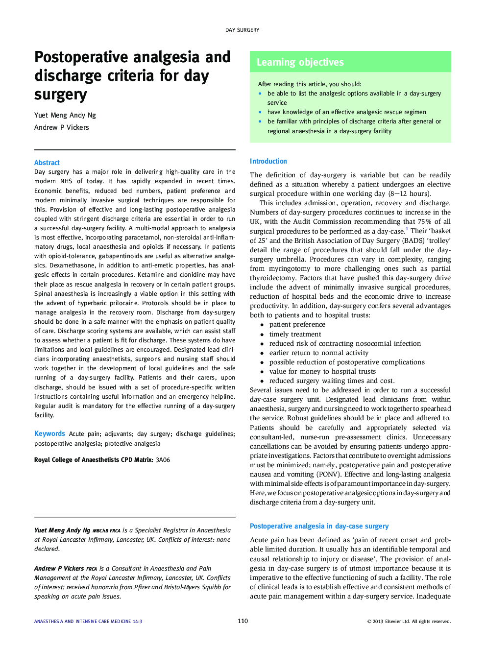 Postoperative analgesia and discharge criteria for day surgery