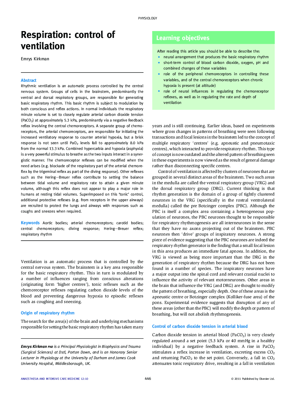 Respiration: control of ventilation