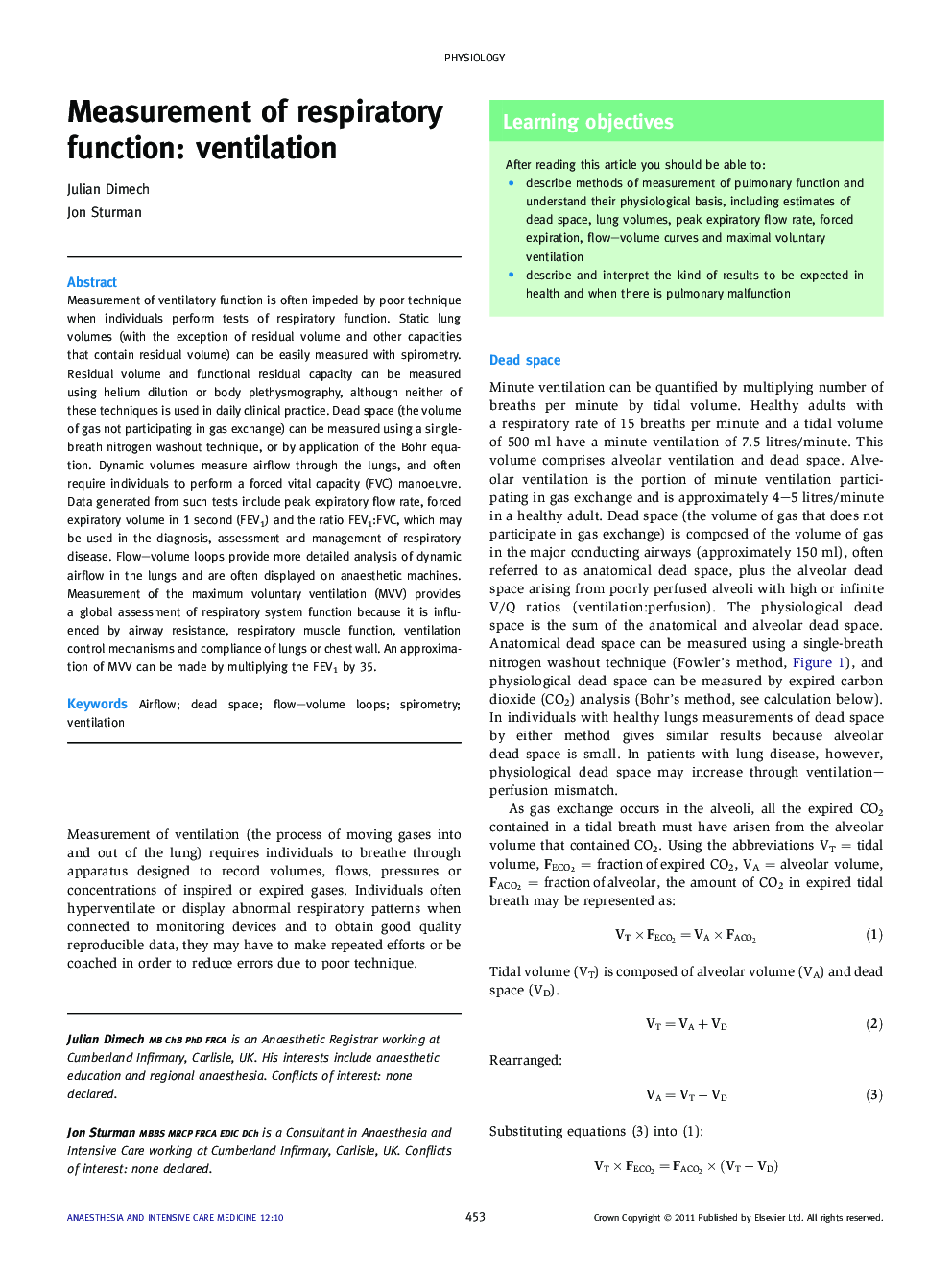 Measurement of respiratory function: ventilation