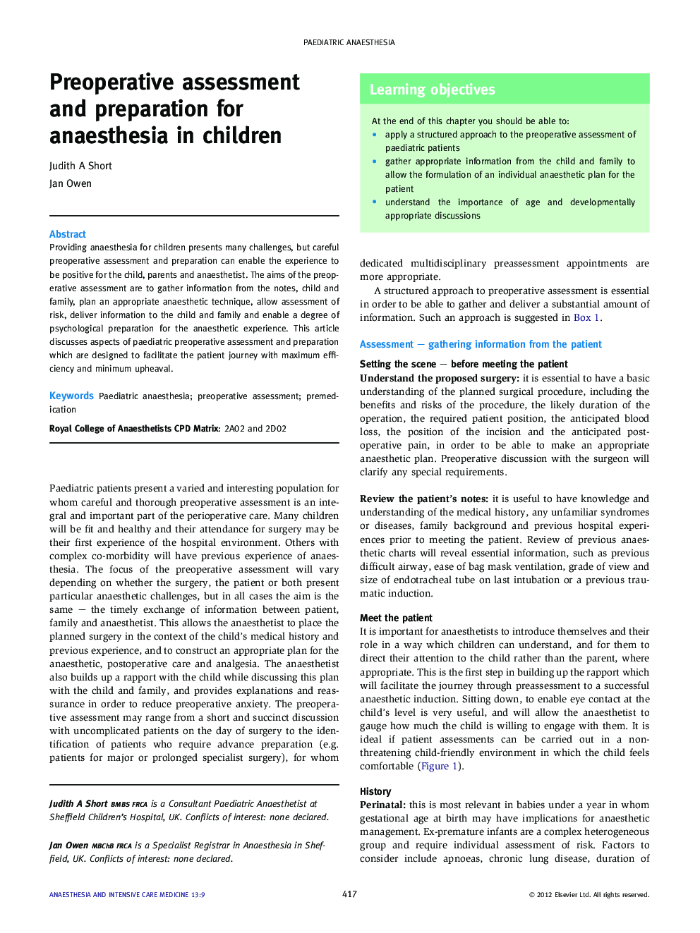 Preoperative assessment and preparation for anaesthesia in children