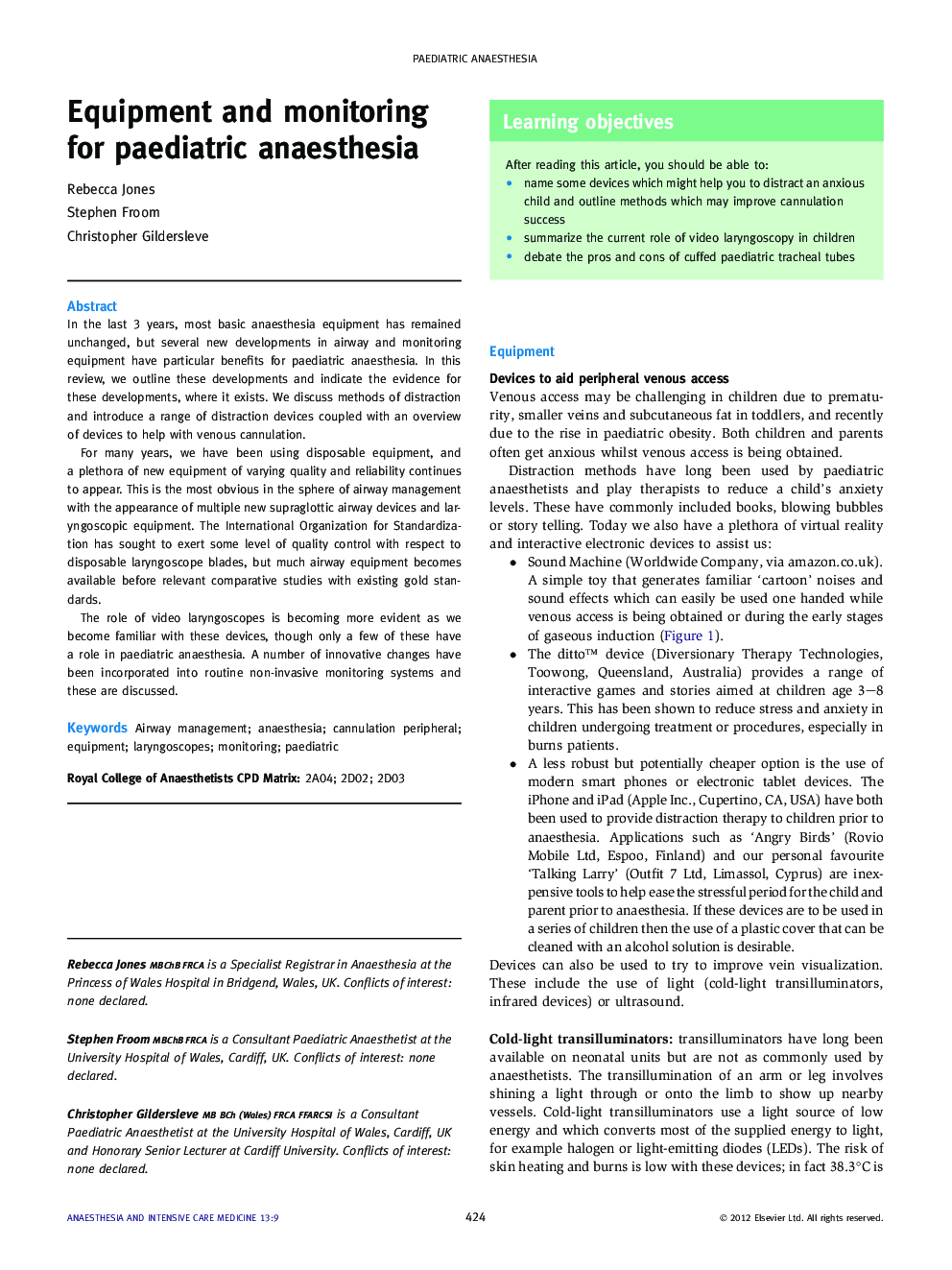 Equipment and monitoring for paediatric anaesthesia