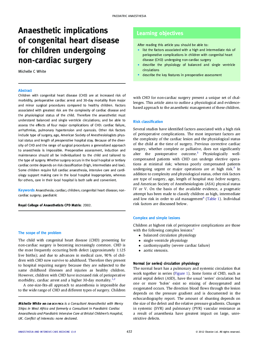 Anaesthetic implications of congenital heart disease for children undergoing non-cardiac surgery