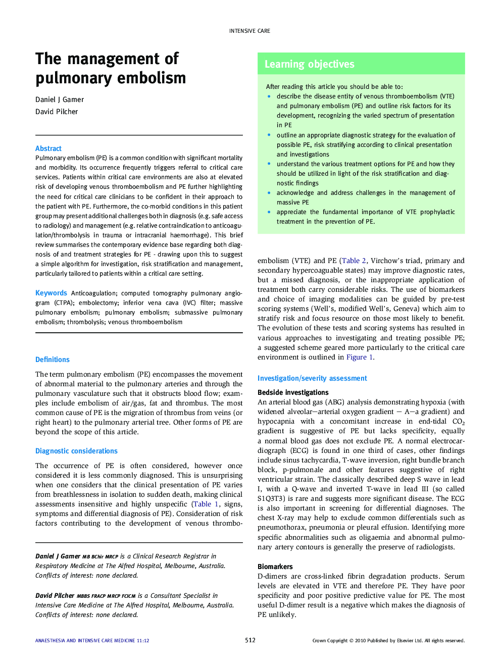 The management of pulmonary embolism