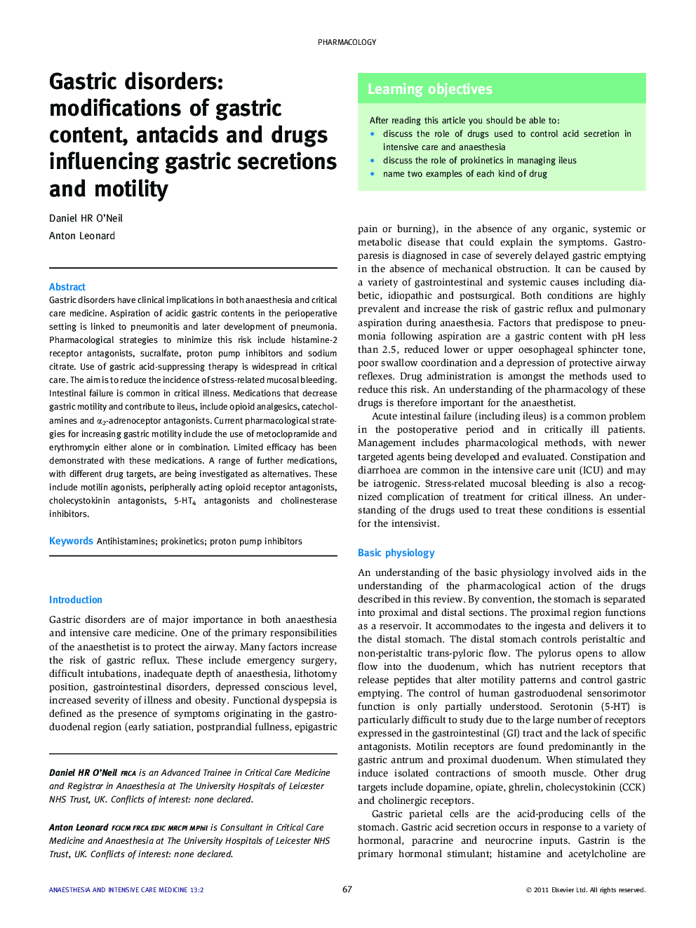 Gastric disorders: modifications of gastric content, antacids and drugs influencing gastric secretions and motility