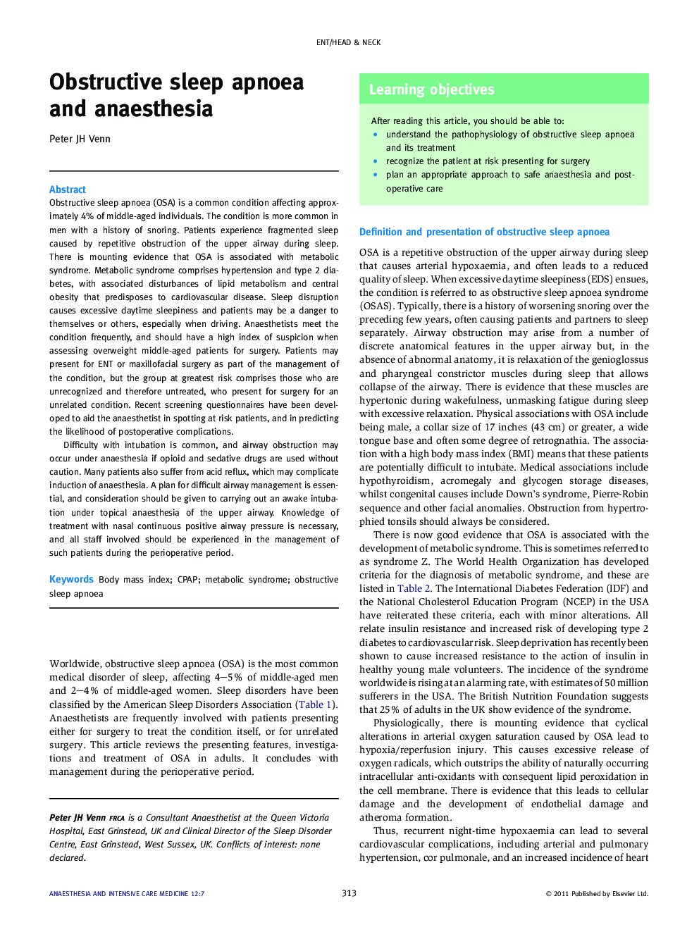 Obstructive sleep apnoea and anaesthesia