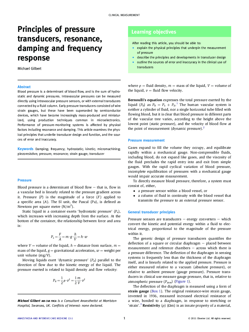 Principles of pressure transducers, resonance, damping and frequency response