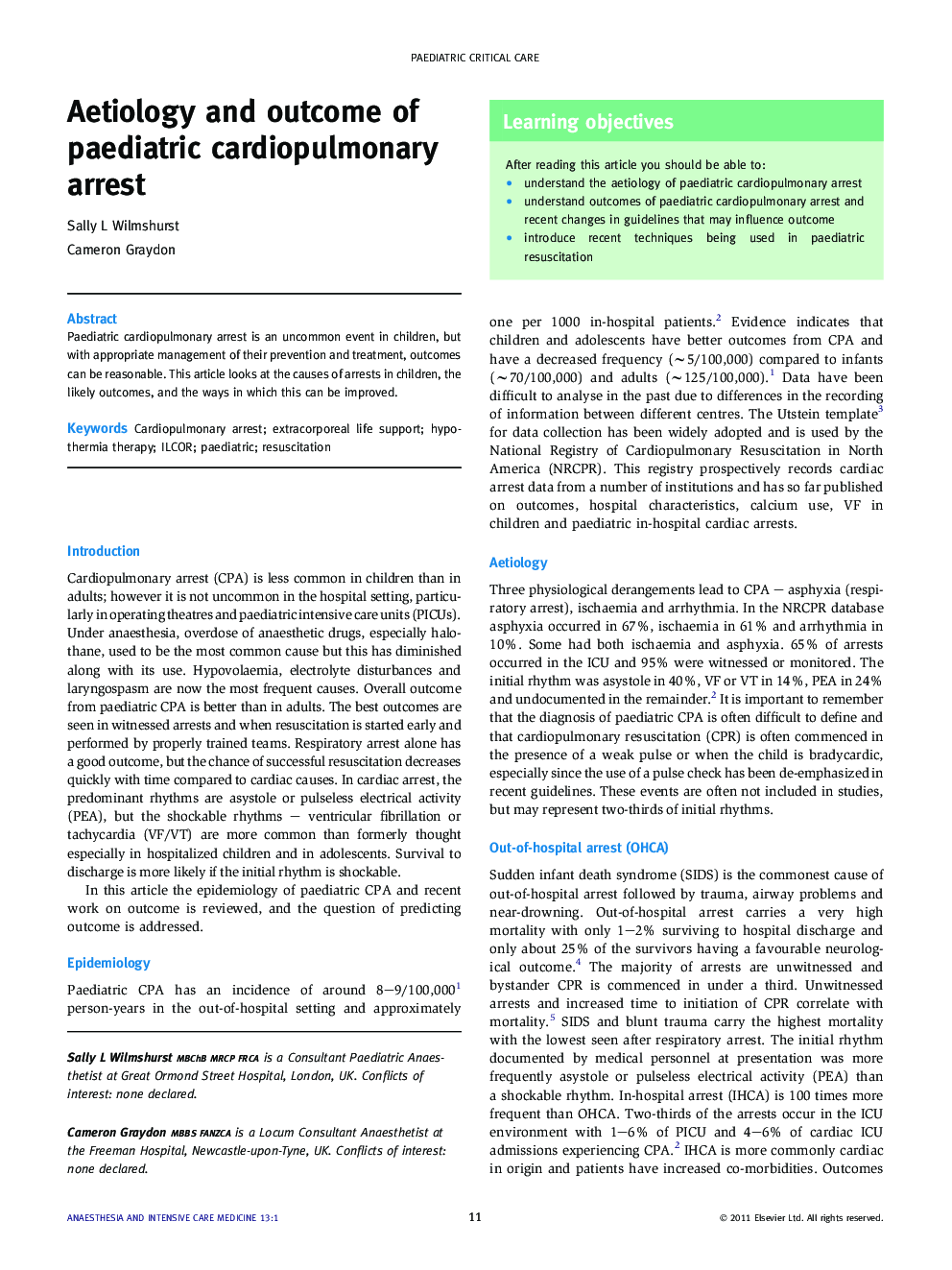 Aetiology and outcome of paediatric cardiopulmonary arrest