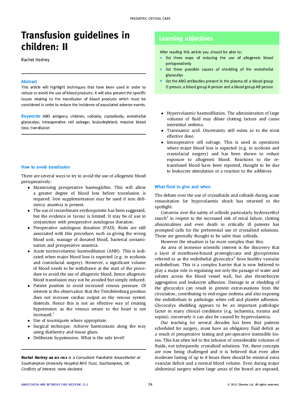 Transfusion guidelines in children: II