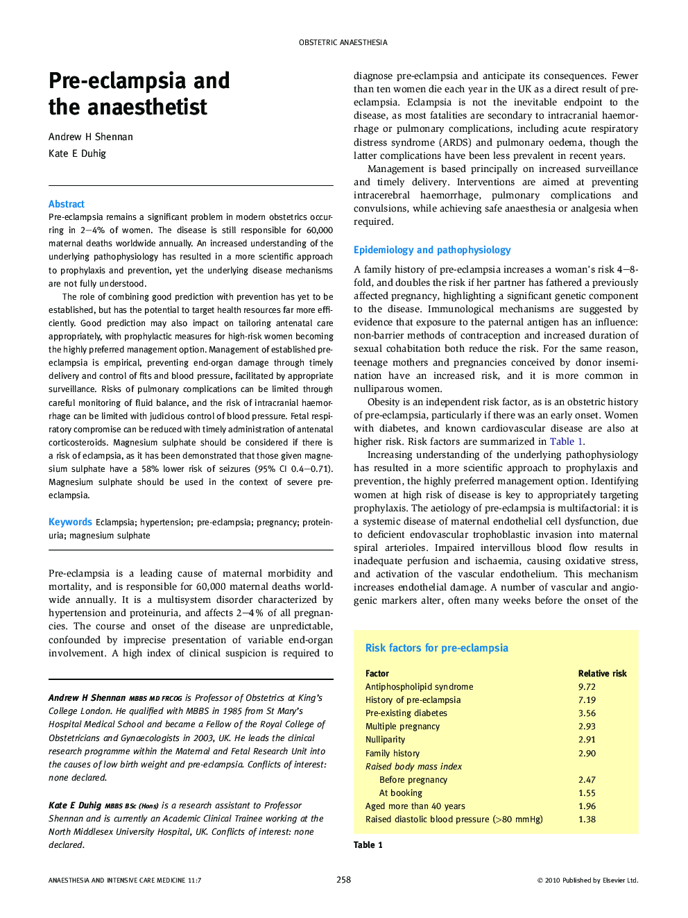 Pre-eclampsia and the anaesthetist