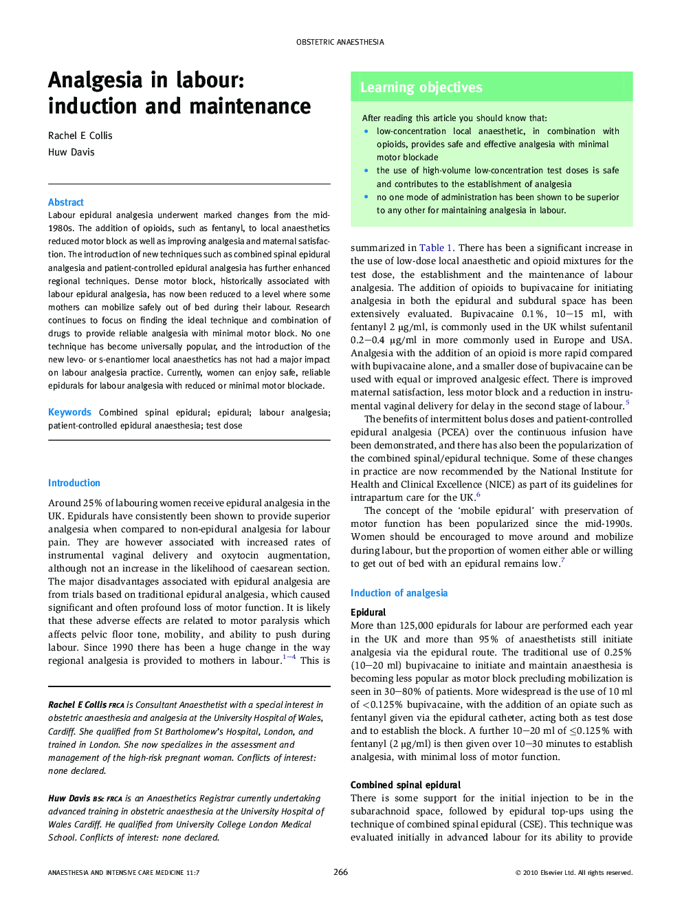 Analgesia in labour: induction and maintenance