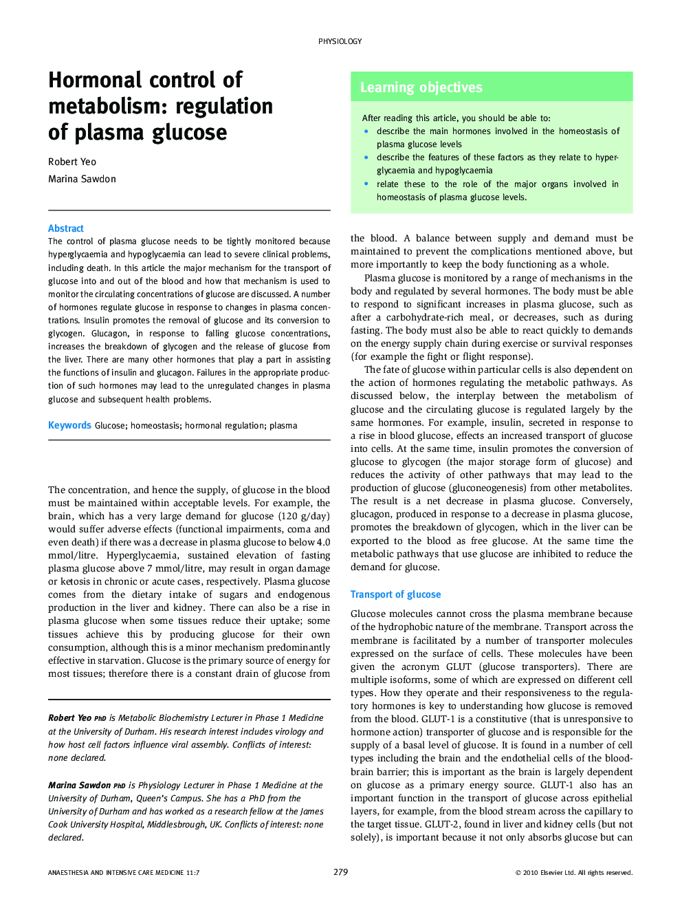 Hormonal control of metabolism: regulation of plasma glucose