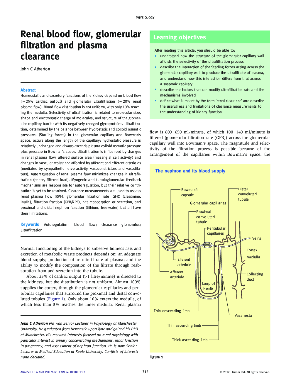 Renal blood flow, glomerular filtration and plasma clearance