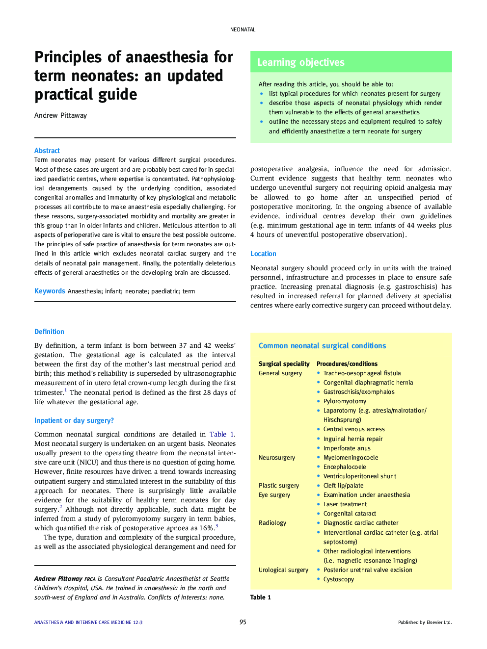 Principles of anaesthesia for term neonates: an updated practical guide