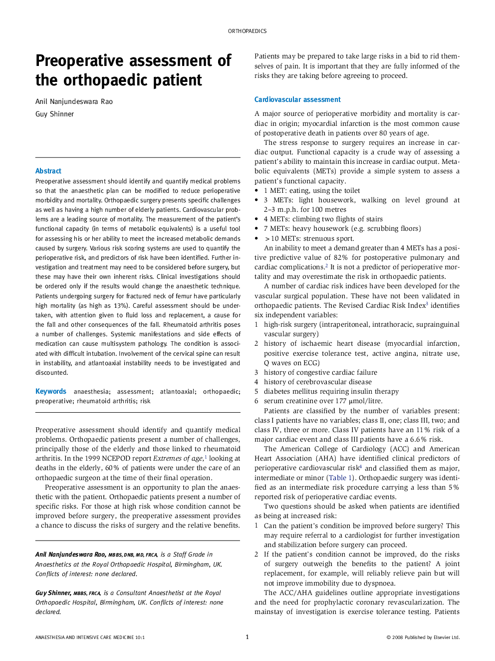 Preoperative assessment of the orthopaedic patient