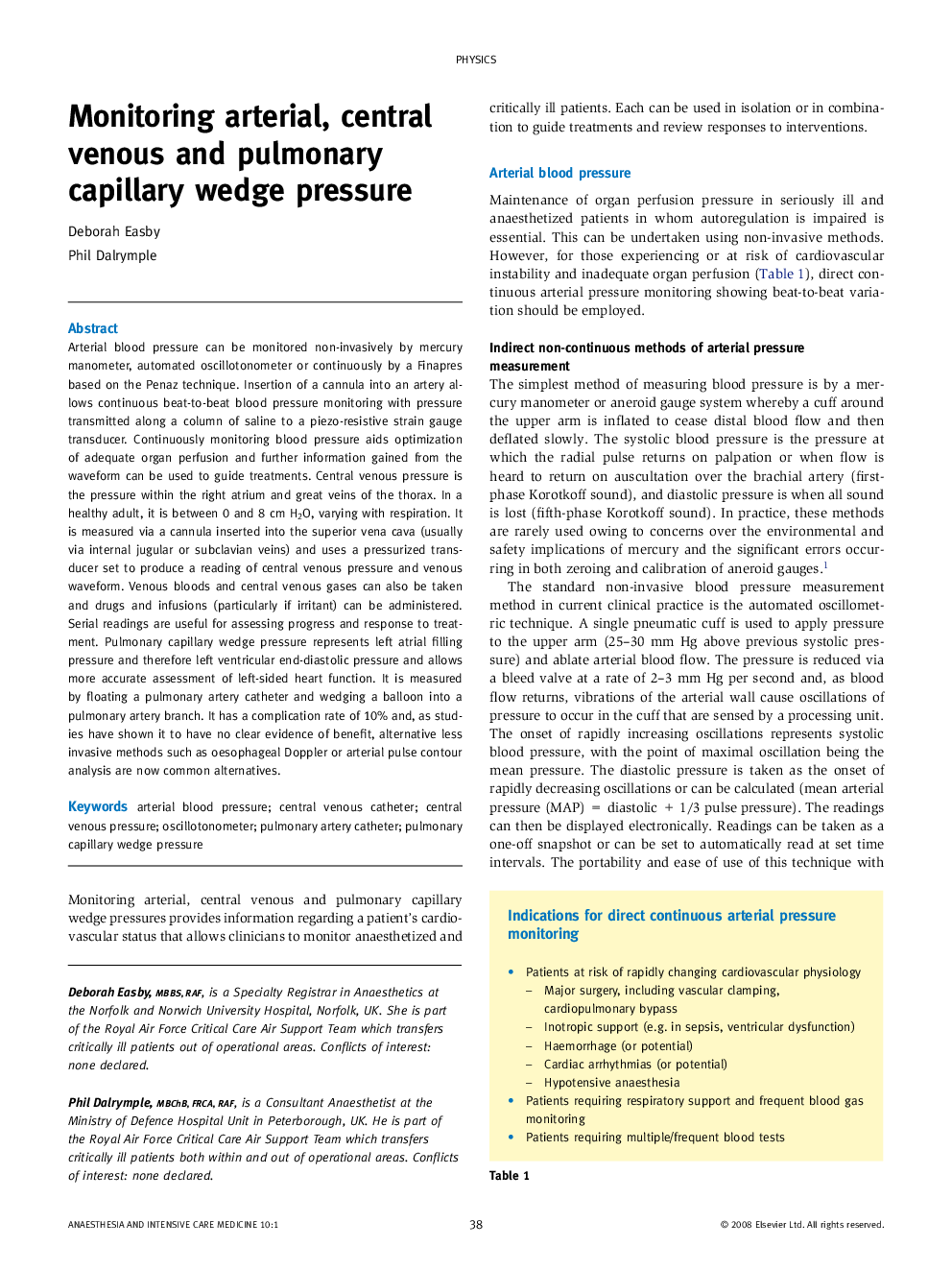 Monitoring arterial, central venous and pulmonary capillary wedge pressure