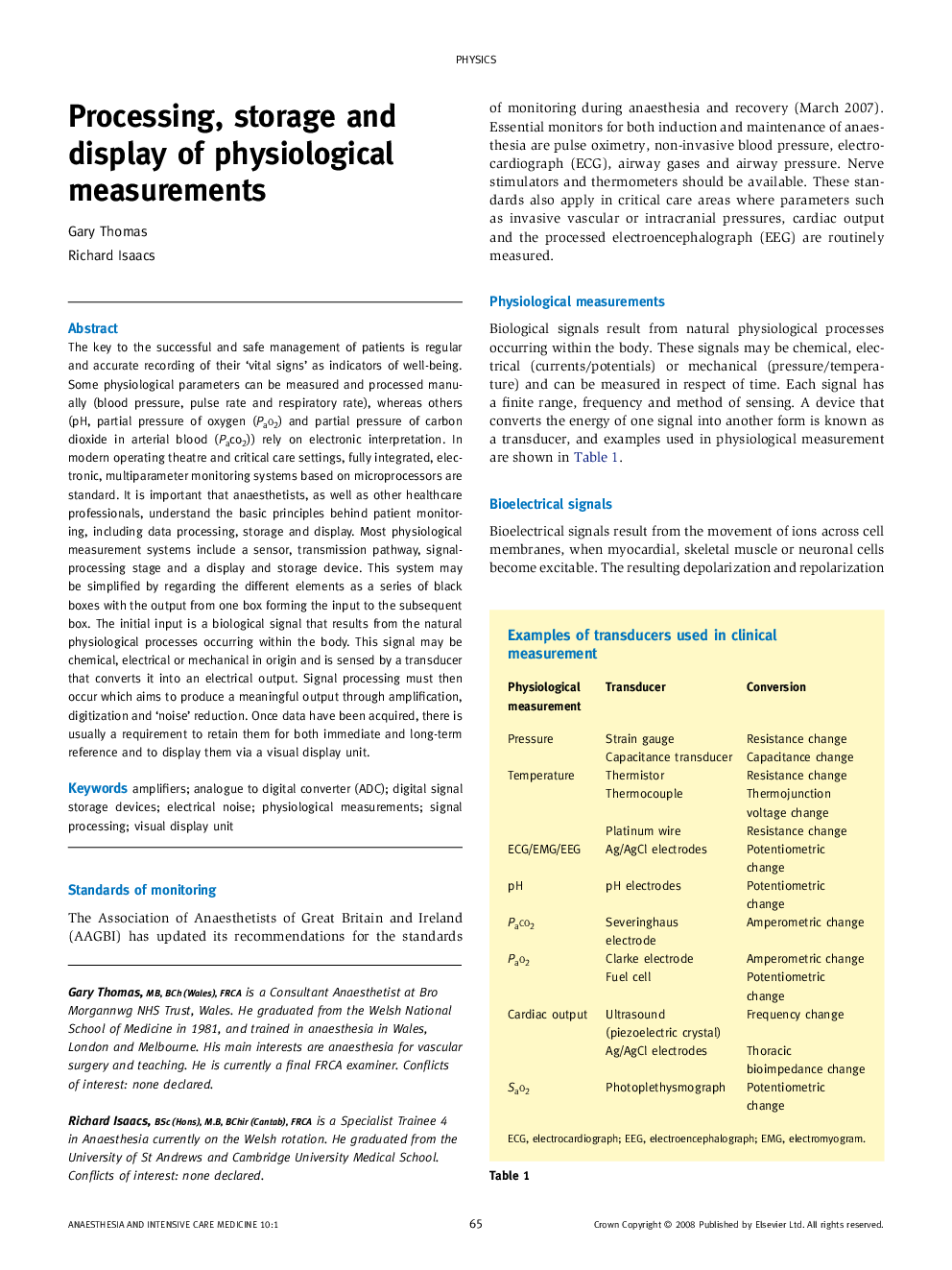 Processing, storage and display of physiological measurements