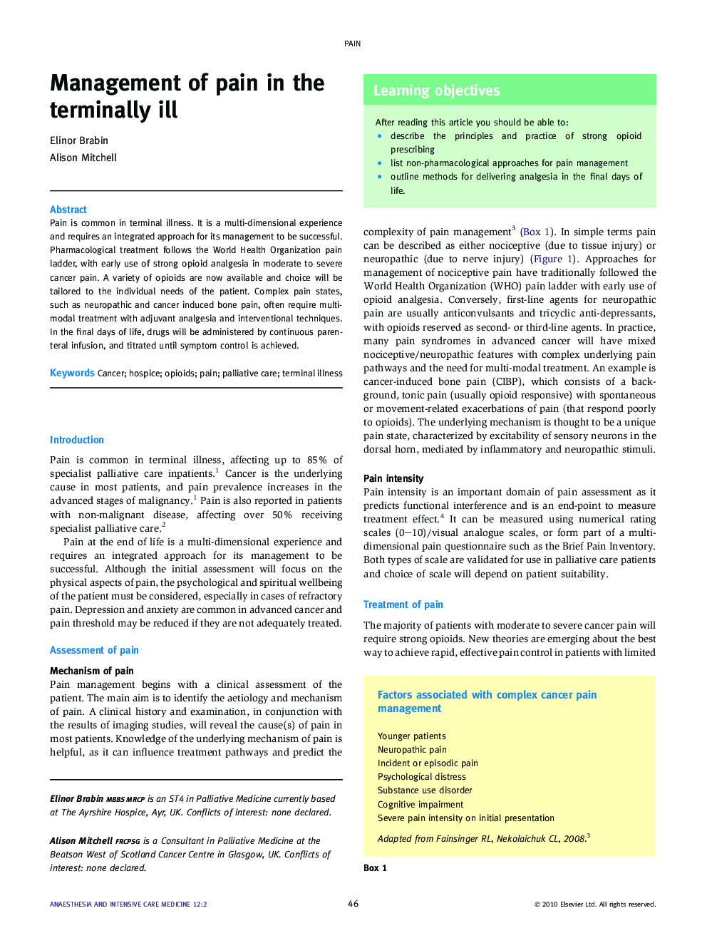 Management of pain in the terminally ill