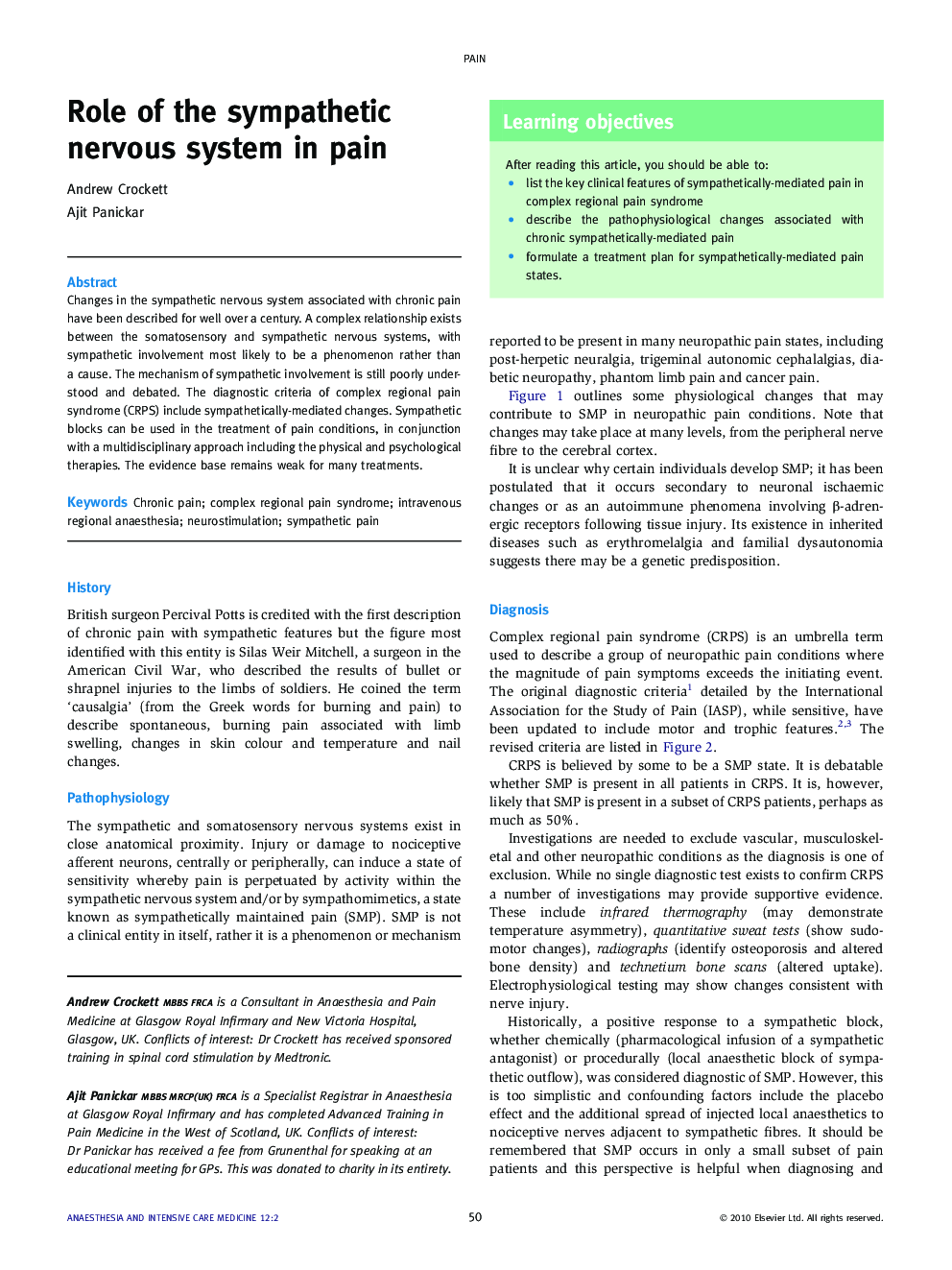 Role of the sympathetic nervous system in pain